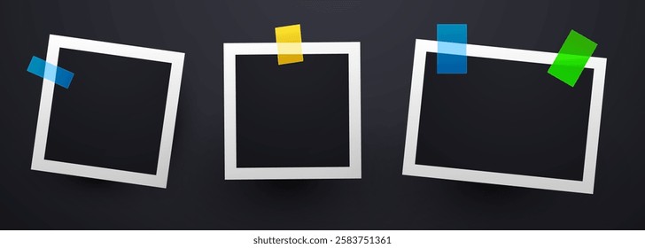 Photo frame collage with tape mockup. Album photo template isolated on dark background. Blank memory image set. Vector illustration