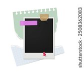 Photo frame collage with tape vector mockup. Empty realistic postcard snap, album foto bank polaroid memory image with stickers. Film snapshot picture and cut pieces of paper design