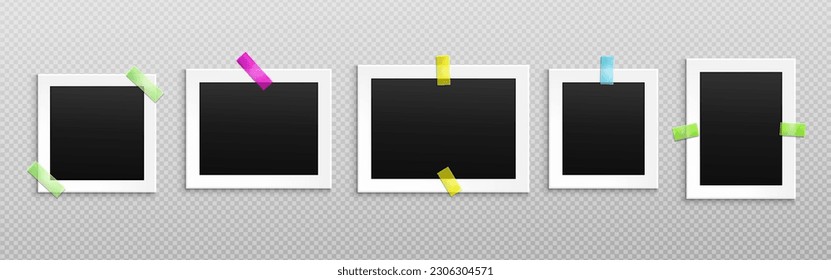 Photo frame collage with tape vector mockup. Album foto template isolated on transparent background. Blank polaroid memory image or film snapshot picture design set. Empty realistic postcard snap