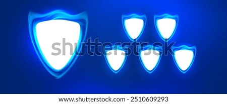 Photo frame collage template in neon futuristic style on a blue digital background. Empty photo frames in shape shields - recognition banner concept