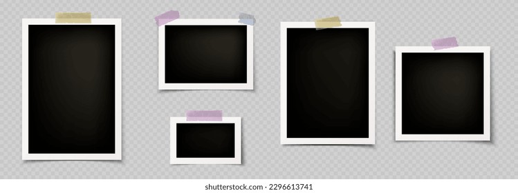 Photo frame collage template vector album mockup on transparent background. Foto memory picture and sellotape sticker. Blank photography card with white border realistic set. Retro snapshot collection