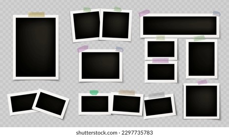 Photo frame collage template vector album mockup on transparent background. Foto memory picture and sellotape sticker. Blank photography card with white border realistic set. Retro snapshot collection