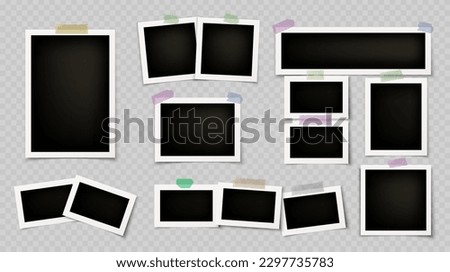 Photo frame collage template vector album mockup on transparent background. Foto memory picture and sellotape sticker. Blank photography card with white border realistic set. Retro snapshot collection