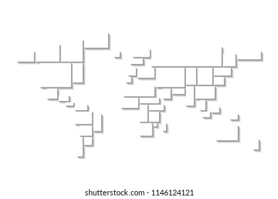 Photo frame collage theme in a shape of World map. White rectangles with dropped shadow. Mood board mosaic. Vector template.