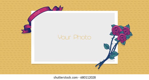 Photo frame collage vector illustration. Design element with flower, ribbon and border of frame as a template for your photo