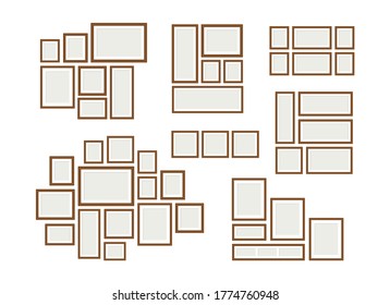 Photo frame collages. Decorative image exhibition, blank frames mockups. Family gallery, wall decorations vector illustration