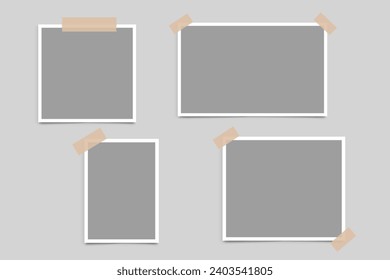 Photo frame collection. Blank photo frame design with adhesive tape. Photography album frame mockup template. Vector illustration