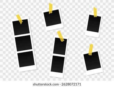 Coleção de moldura de foto com lugar em branco com fita adesiva, clipe de papel, clipe de ligador no transparente