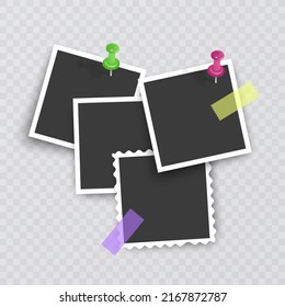 Photo Frame Collection. Polaroid photo frame set.Photo frames with realistic drop shadow vector effect isolated design.Photo frames fixed with adhesive tape on a transparent. Vector illustration