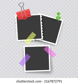 Photo Frame Collection. Polaroid photo frame set.Photo frames with realistic drop shadow vector effect isolated design.Photo frames fixed with adhesive tape on a transparent. Vector illustration