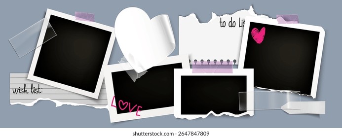 Photo frame collection with y2k aesthetic - blank instant photography templates with white borders, torn paper edges, pink hearts and tape decorations for scrapbooking, memory album or collage.