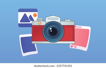 photo frame with colorful cameras, travel and itinerary.on blue background.Vector Design Illustration.