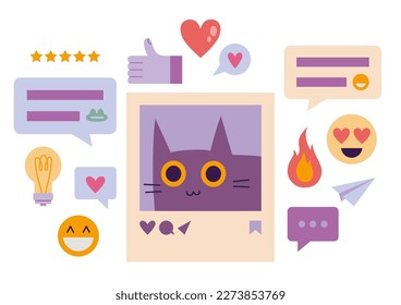 Photo frame with cute cat, post for social media. Comments, likes and reactions, Positive Feedback to content. Trendy modern vector illustration isolated on white background, hand drawn, flat design.