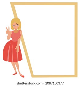 Photo frame with cute yellow short hair girl wearing red dress is standing. Vector isolate flat design concept of Album template for couples, kid, girl, family or memories, Scrapbook ,paper notes