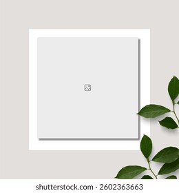 Photo frame decorated with green leaves and flowers on pastel background. Empty space for text. Mock up with copy space. Social media template.