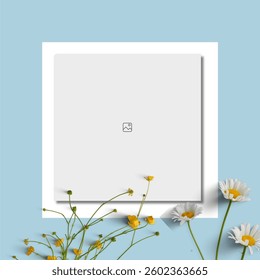Photo frame decorated with green leaves and flowers on pastel background. Empty space for text. Mock up with copy space. Social media template.