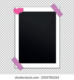 Photo frame decorated with paper hearts on transparent background. Blank photo with sticky tape. Album photo template. Vector illustration