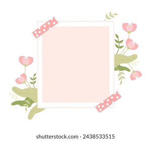 Photo frame with empty space with soft pink flowers and leaves. Vector illustration template in flat style for holiday design.