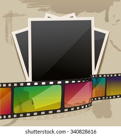 photo frame with filmstrip on stains carton background
