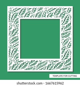 Photo frame with floral ornaments. Square shape with leaves. White object on a green background. Template for laser cutting, metal engraving, wood carving, paper cut and printing. Vector illustration.