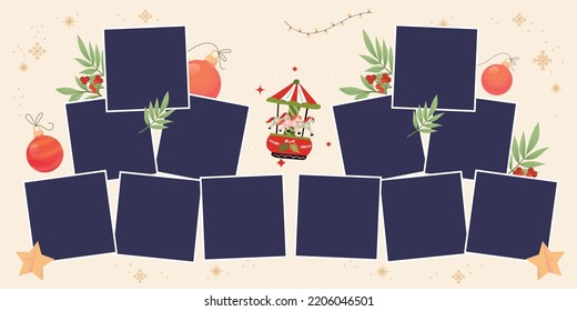 photo frame with flower and star background. Templates collage 12 frame photos.