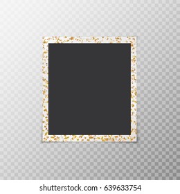 Photo frame with flying confetti in the form of gold stars close-up on a translucent background
