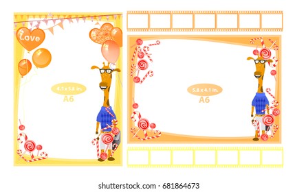 Photo frame with giraffe a6. Horizontal and vertical. Illustration for your design