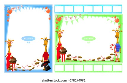 Photo frame with giraffes. Format a4. Horizontal and vertical. Illustration for your design.