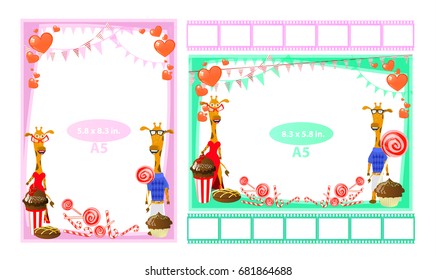 Photo frame with giraffes and sweet. Format a5. Horizontal and vertical. Illustration for your design.