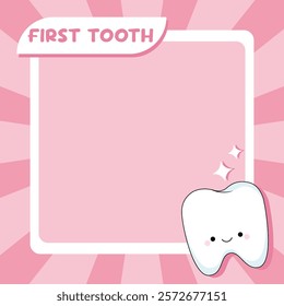 A photo frame for a girl and a photo of the first tooth. Cute kawaii character and text. Template for photos, social networks, and photo albums