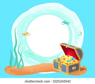 Photo frame with gold coins in old wooden chest at sea bottom. Mysterious treasure among seaweed and fishes on framework for photo vector illustration.