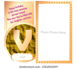 photo frame with golden color and alphabet with birthday wish and blank space for personal name