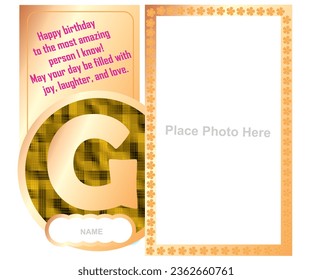 photo frame with golden color and G alphabet with birthday wish and personal name blank space