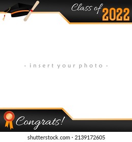 photo frame with golden graduation theme. Graduation party photo booth prop. Photo frame with academic cap, hand lettering and confetti. Congratulations graduates photo frame. Vector illustration. 