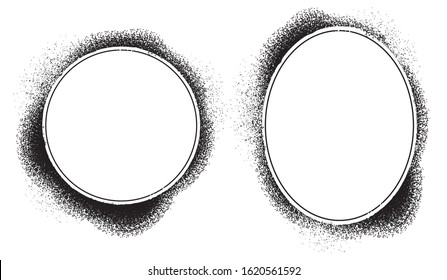 Photo frame grunge or grain oval border shape vector, blank empty vintage round background graphic for text or pictures, splatter retro transparent illustration template   