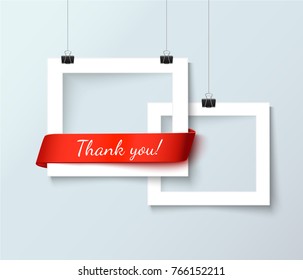 Photo frame with handwritten phrase Thank you. Realistic vector illustration of white photoframes and red ribbon