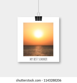 Photo frame hanging by binder clips with picture of blurred sunset over the sea. Memories of summer vector illustration. Easy to edit mockup template for photographers, websites, social media.