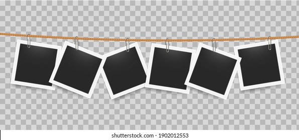 Photo frame hanging by clip on rope. Realistic blank photography templates on transparent background. Square pictures attached to thread in line. Exhibition mockup with copy space. Vector snapshot