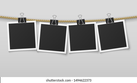 Photo frame hanging on rope. Blank photo paper frames, retro picture exhibition with and clothespins. Vector image clean decoration vertical wall card album