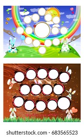 A photo frame of hares on a lawn and a rainbow. Twelve months of development. Horizontal illustration for your design.