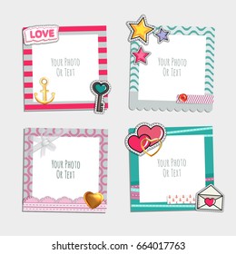 Photo Frame With Heart, Love And Romantic. Photo Album Template For Couples, Kid, Girl, Family Or Memories. Scrapbook Concept, Vector Illustration.