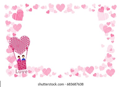 Photo frame. Hearts. for lovers. The couple in a balloon is flying up. Horizontal orientation. Illustration for your design.