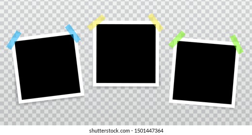 Photo frame, held on adhesive tape or adhesive tape, in vintage style with transparent shadows. Photo realistic layouts. Photo frame template for your photos. vector illustration.