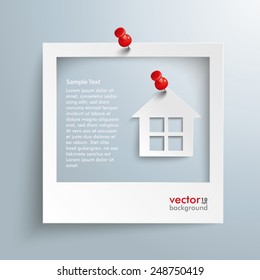 Photo frame with house and red thumbtacks on the gray background. Eps 10 vector file.