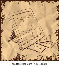 Photo frame icon isolated on vintage background. Hand drawing sketch vector illustration