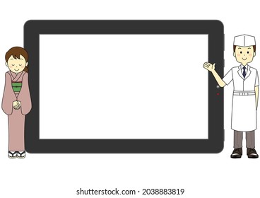 Photo frame illustration of a restaurant clerk using a tablet to guide customers