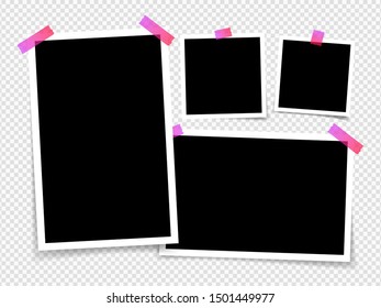 Photo frame isolated on transparent background. Vector layout of frame photo frames on sticky tape. Template photo design. Vector illustration.