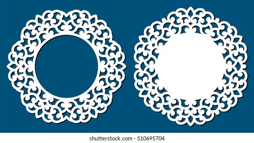 Photo frame with lace corners for paper or wood cutting. Laser cut vector frame. Abstract round frame with swirls, vector ornament, vintage frame. Pattern may be used for laser cut. 