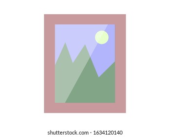 Photo frame landscape in flat style isolated on white background. Old photo card icon. Wooden board. Wall picture frame. Vector illustration