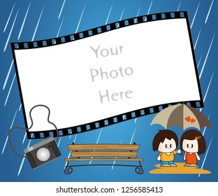 Photo frame with lovers under umbrella in the storm